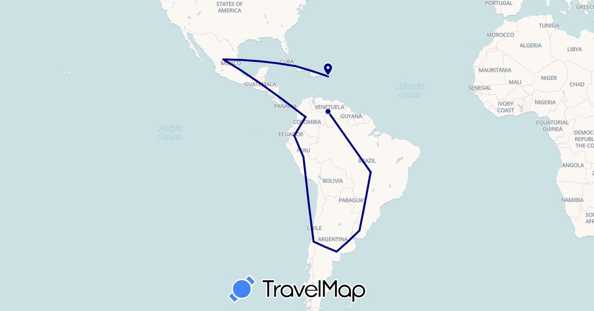 TravelMap itinerary: driving in Argentina, Brazil, Chile, Colombia, Cuba, Ecuador, Mexico, Peru, Puerto Rico, Uruguay, Venezuela (North America, South America)